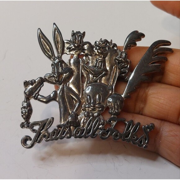 Warner Brothers WB 1994 Looney Tunes That's All Folks Silver Tone Brooch Pin - Picture 2 of 9